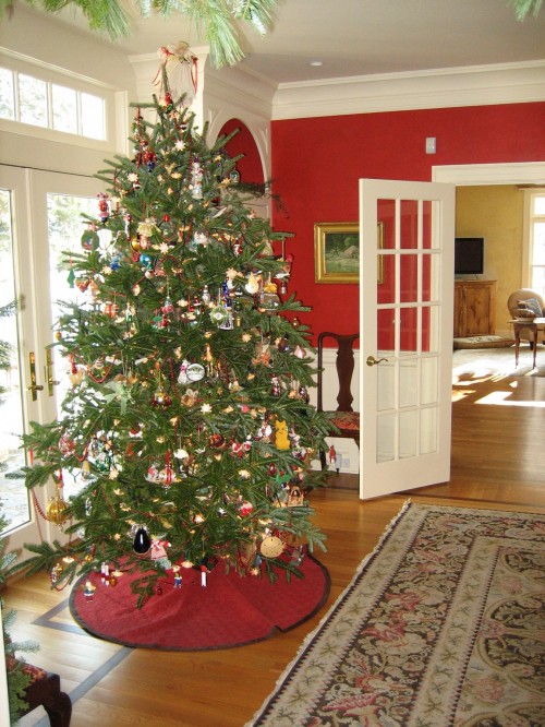 The red dining room with Stark carpet and Christmas tree with antique ornaments